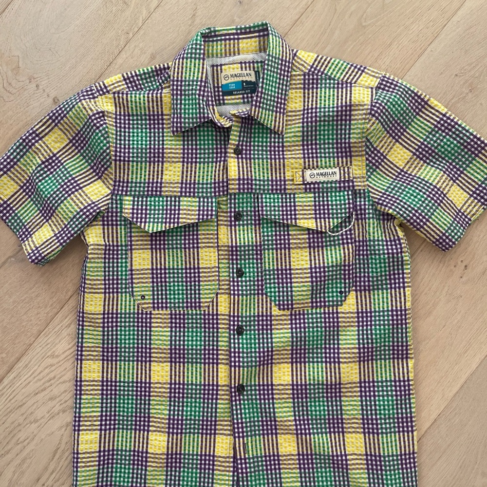 Magellan Outdoors Yellow, Green, and Purple Plaid Shirt